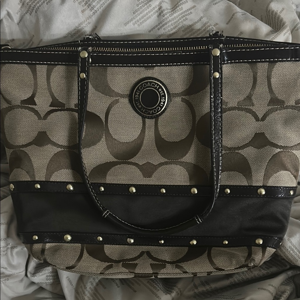 Coach Black and Tan Signature Tote Bag with Leather Trim